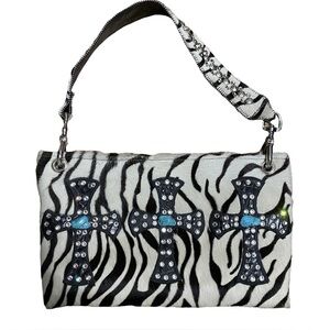 KurtMen Design Zebra Hair-On Hide Shoulder Bag Turquoise Cross